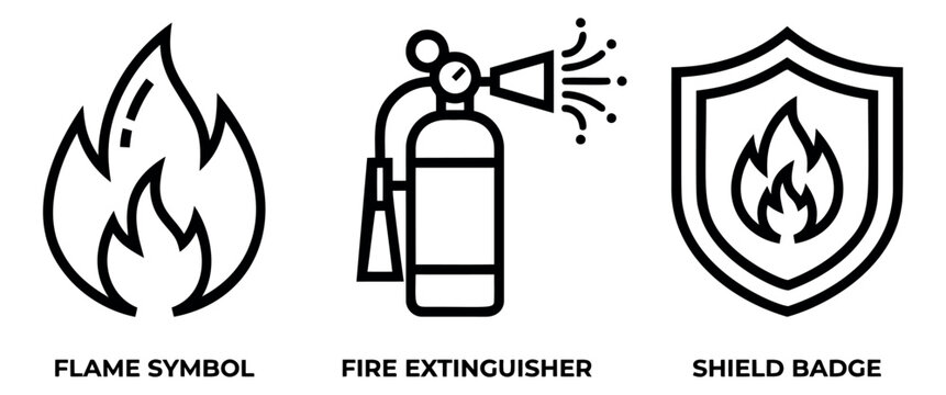Outline icon set of 3 fire safety symbols featuring flame, extinguisher and shield badge for emergency design