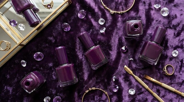 Red nail polish bottles with makeup brushes and sparkling diamond rings on a dark purple background. jewel-toned nail polish
