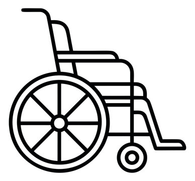 Outline illustration of a wheelchair depicting mobility aid equipment for disability and healthcare design