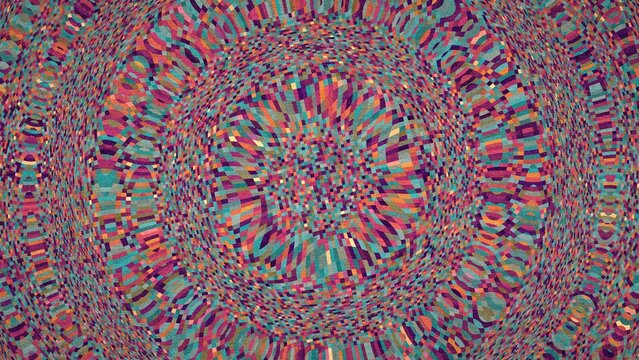 Abstract colorful geometric digital art pattern with circular radial style.