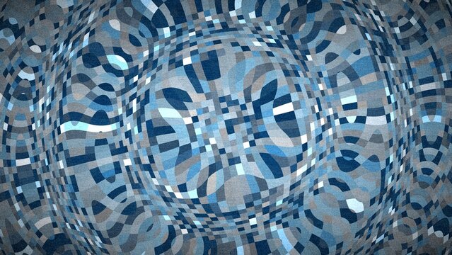 Abstract blue mosaic pattern with spherical distortion and grain texture.