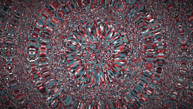Red and grey abstract mosaic pattern with fisheye distortion effect.