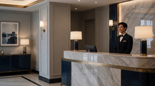 Professional Smiling Male Receptionist at Luxury Hotel Marble Front Desk Welcoming Guests in Lobby