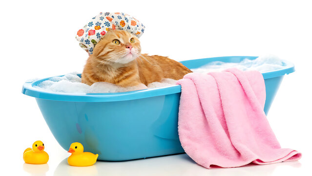 Ginger cat taking a bath in a tub. Funny pet wearing a shower cap with rubber ducks.
