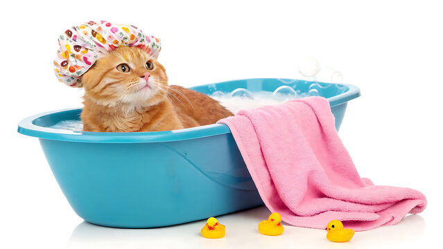 Cute ginger cat taking a bath. Funny kitten wearing shower cap in blue tub with bubbles.