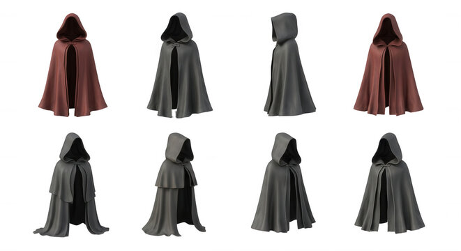 various hooded cloaks display on a white background for a fashion or costume design concept