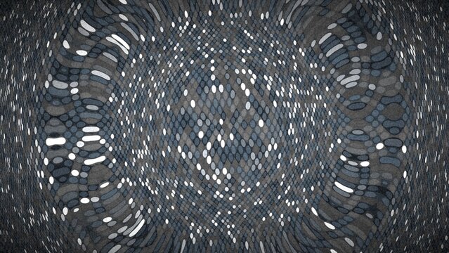Monochrome gray mosaic background with distorted circular dot motifs.