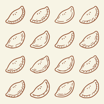 Pattern of hand drawn empanada or savory pastry turnover icons with empanada turnover illustration appetizer homemade delicious collection traditional refreshment culinary isolated