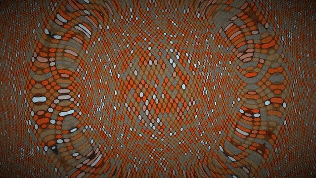 Orange and gray digital wave pattern with circular pixels and motion effect.