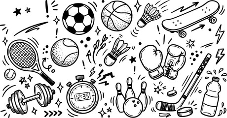 Sports and Fitness Equipment Doodle Icon Set Featuring Soccer Ball, Basketball, Tennis Racket, Boxing Gloves, Skateboard, Stopwatch, and Hockey Stick Hand Drawn Vector Graphics © DarparajDab