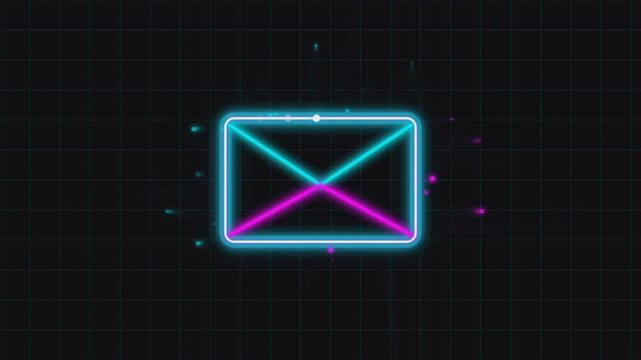 Neon envelope icon glowing with bright electric light pulses in an animated digital motion graphic video