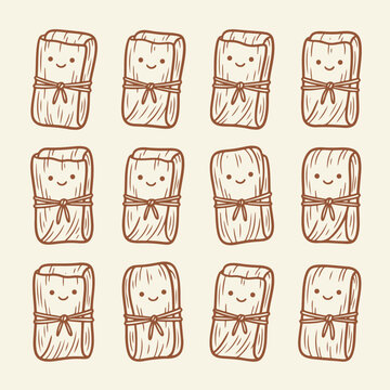 Cute hand drawn tamale character icons with character illustration traditional collection expression homemade delicious culinary southwest