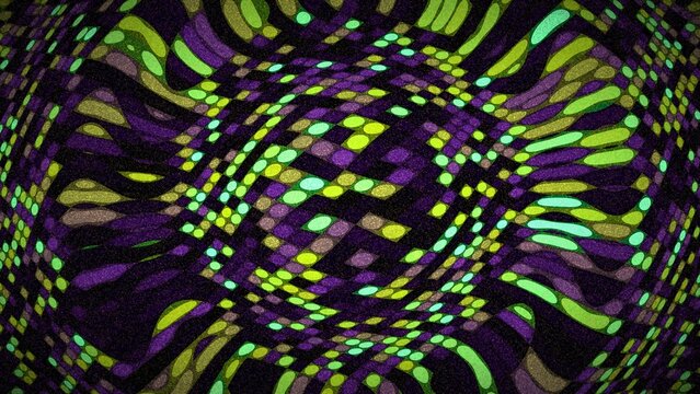 Abstract digital pattern with purple green grid and wavy lines movement.