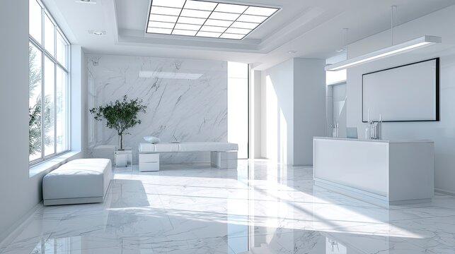 Modern Minimalist White Lobby Interior with Natural Light and Marble Floor