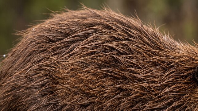 Close up of thick brown beaver fur texture. Detailed animal hair background pattern.