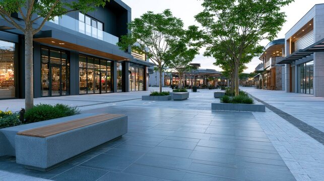 Modern outdoor shopping mall with cafes, trees, benches and open walkways