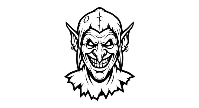 Evil Jester Mascot Black and White Vector Illustration