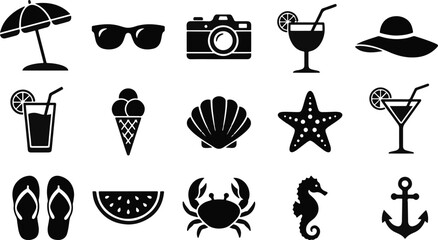 Black silhouettes of summer vacation essentials including beach items tropical drinks and seaside accessories on a white background © Nowshin