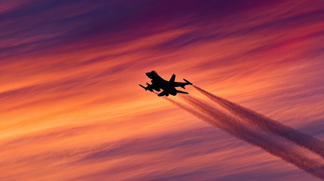 Fighter jet soaring through dramatic sunset sky