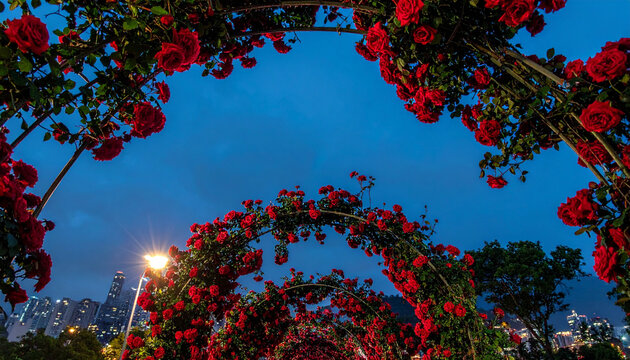 Garden arch red rose floral arch night garden blue sky city skyline low angle bloom flower tunnel outdoor park