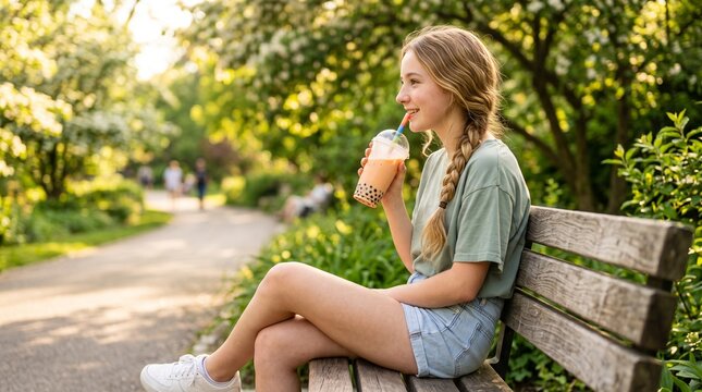 Teen girl sitting on a bench in a garden, enjoying a colorful drink, relaxed mood