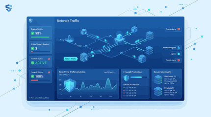 Fototapeta premium Comprehensive Cyber Security Network Traffic Monitoring Dashboard Interface with Real Time Analytics and Threat Protection Visualization