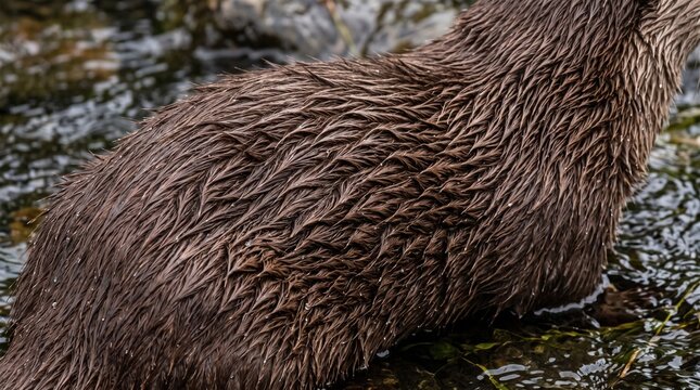 Close up of wet brown otter fur. Detailed texture of waterproof animal coat in water.