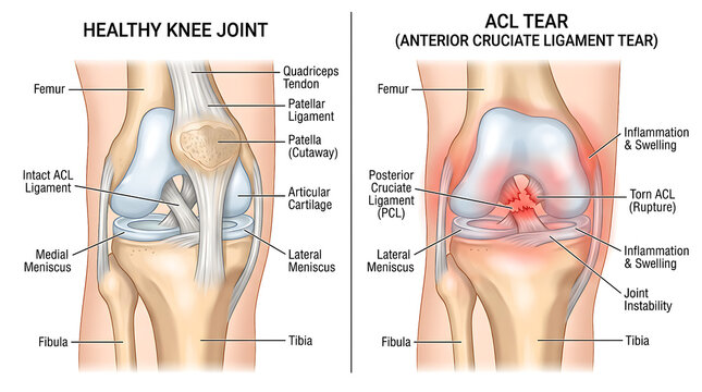 Anatomical Comparison Showing a Healthy Human Knee Joint Versus an Anterior Cruciate Ligament Rupture with Inflammation and Structural Damage