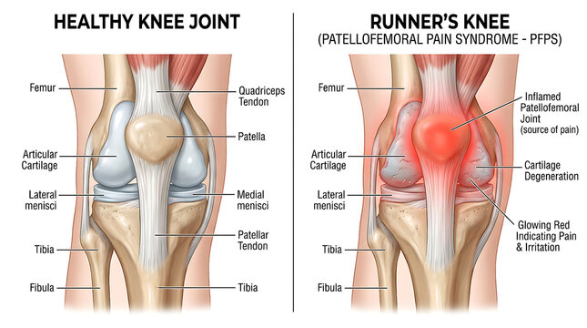 Anatomical Comparison Showing the Structural Differences Between a Normal Healthy Knee Joint and Patellofemoral Pain Syndrome in Athletes