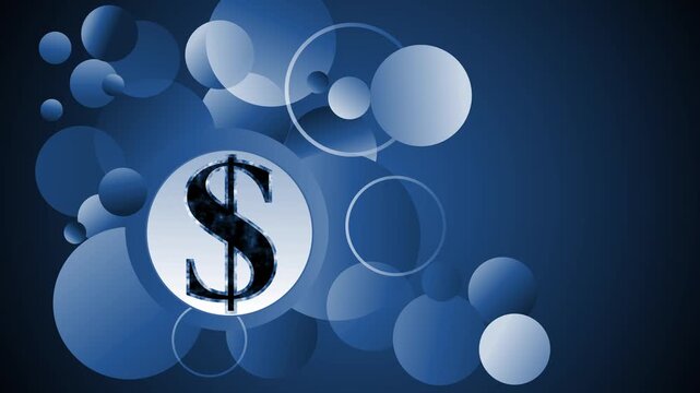 Dark gradient background with overlapping circles and a central dollar sign emblem animation