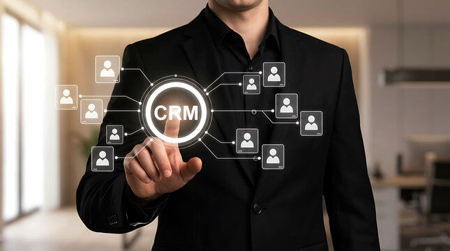 Businessman touching CRM customer relationship management network interface concept