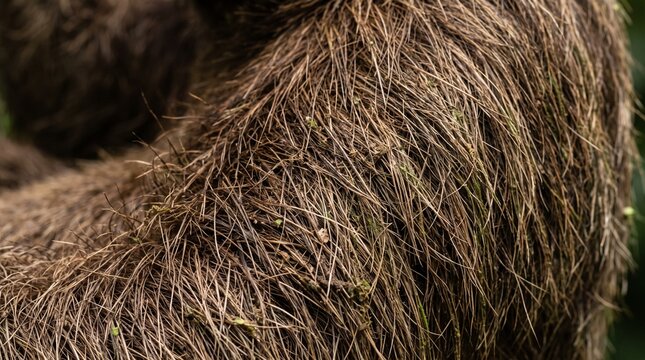 Macro shot of sloth fur texture. Detailed close-up of brown animal hair in natural light.