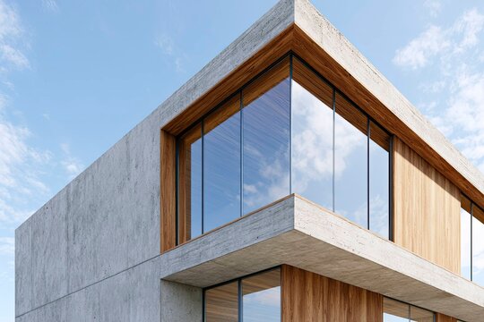 Modern architectural building featuring concrete, wood, and large glass windows against blue sky