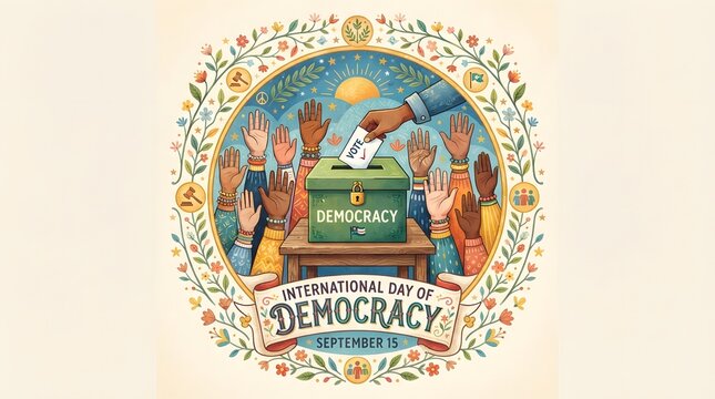 International day of democracy illustration with diverse hands raised around a ballot box