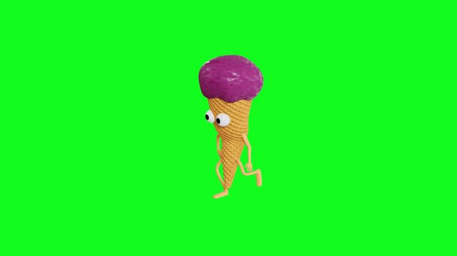 Funny ice cream character running. Animated 3D dessert mascot on green screen background. A cute 3D ice cream cone character running on a green screen.