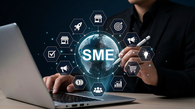 Businessman working on laptop with SME digital business technology global icon