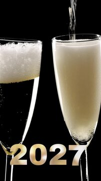 change from 2026 to 2027, two clinking champagne glasses with exploding fireworks isolated on black, cheers to new year 2027