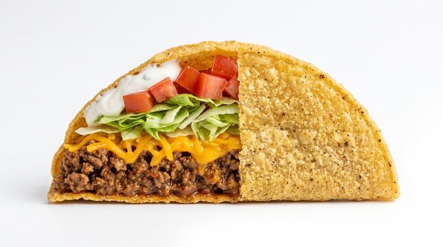 Classic Ground Beef Taco - High quality food photography of a Cross-section of a
classic hard shell ground beef taco with cheese and lettuce
