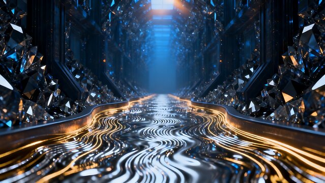 Futuristic crystal cave corridor with glowing golden light streams and metallic floor