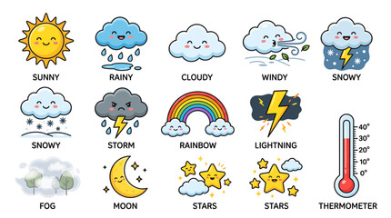 Obraz premium Cute Cartoon Weather Forecast Icons Set with Sun Rain Cloud Snow and Temperature Thermometer for Kids Educational Material
