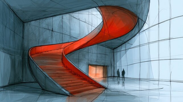 Modern interior space with orange spiral staircase and glass walls
