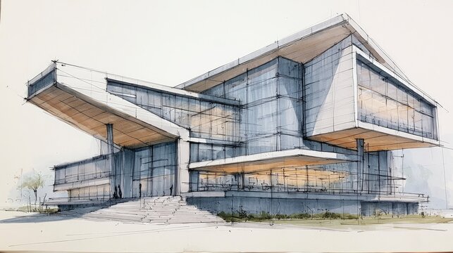 Modern Architectural Building Design Sketch with Glass Facade and Unique Structure