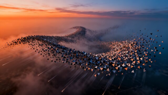 Swarm of geometric pyramids forming a wave over clouds at sunset