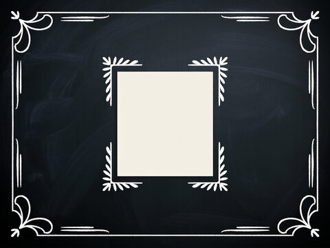 Ornate white border and corner details on black chalkboard background with cream square for text.