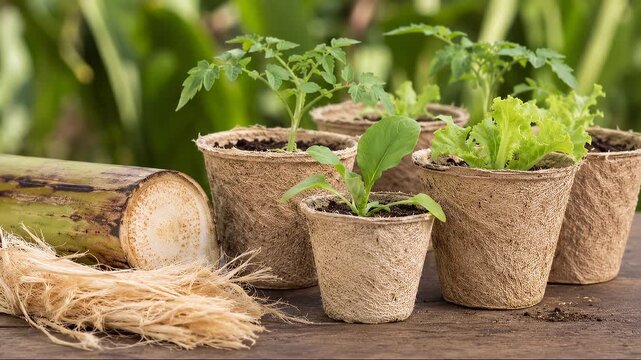 Biodegradable banana fibre seedling pots with young plants, plastic free tropical nursery farming
