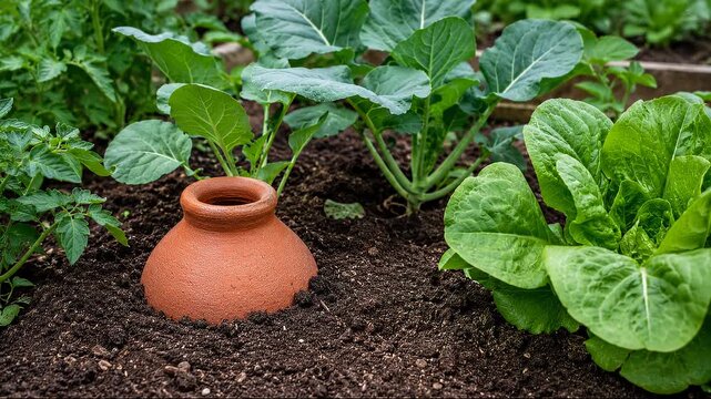 Unglazed clay olla pot underground irrigation system, water efficient drought resilient gardening