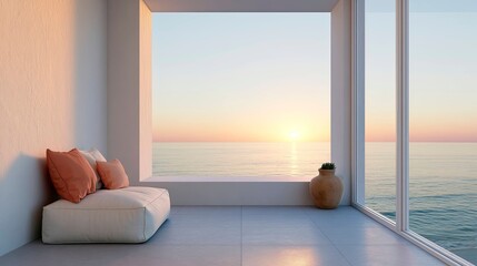 Fototapeta premium Modern living room with large floor-to-ceiling window overlooking sea during sunset