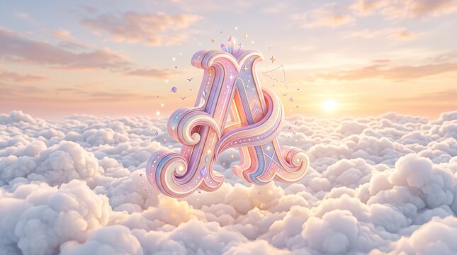 3D ornate letter A floating above soft clouds at sunset, whimsical pastel typography for branding, website hero header, marketing banner, and creative social media design