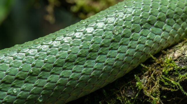 Green tree python scales texture. Close up of snake skin pattern on a mossy branch.