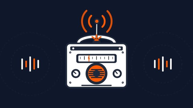 Retro radio broadcasting sound waves with antenna on a dark background, flat design illustration.